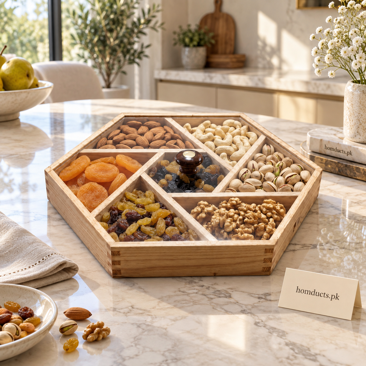 Large Hexagonal Wooden Dry Fruit Tray with Acrylic Lid