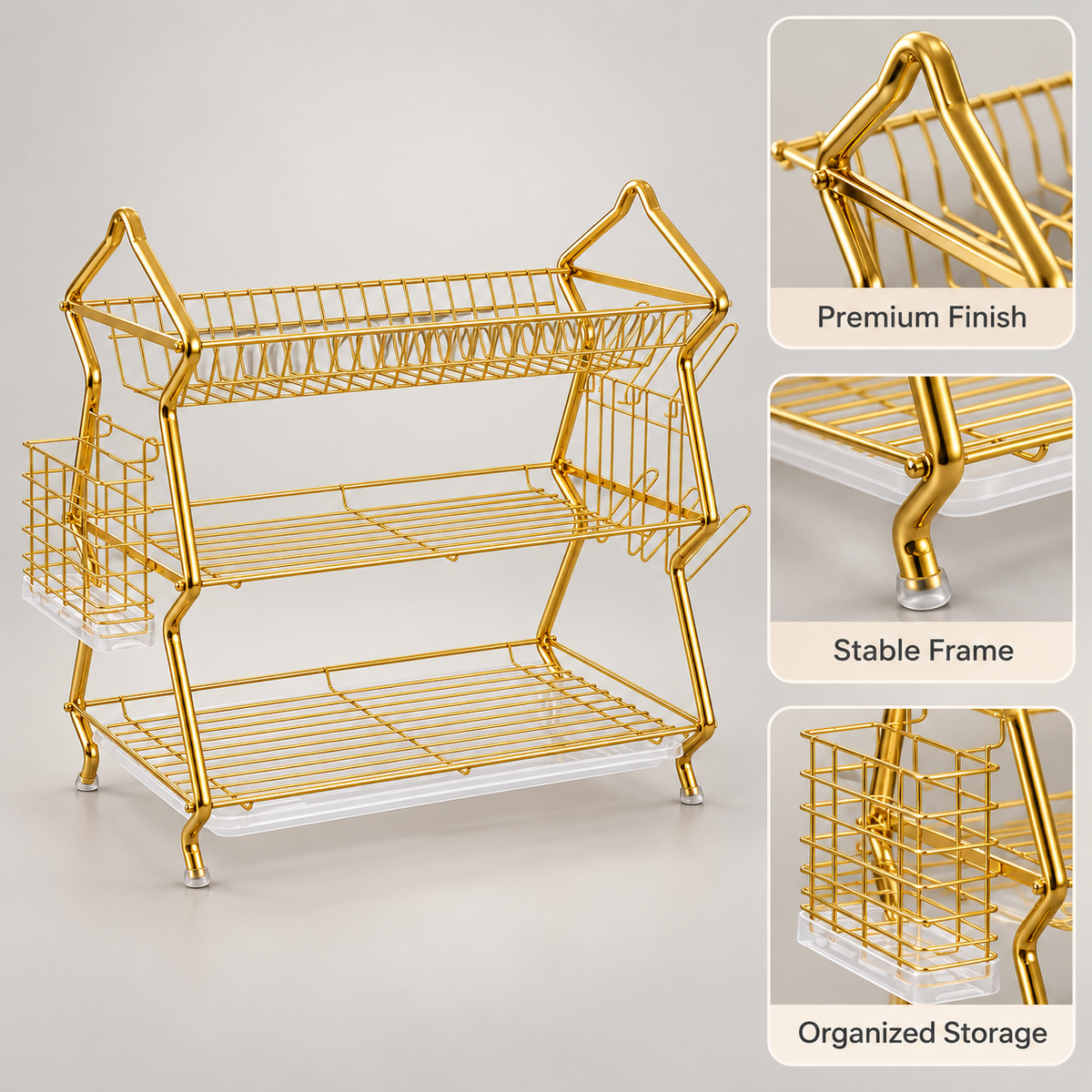 Premium Silver Two-Tier Wire Dish Drying Rack product features