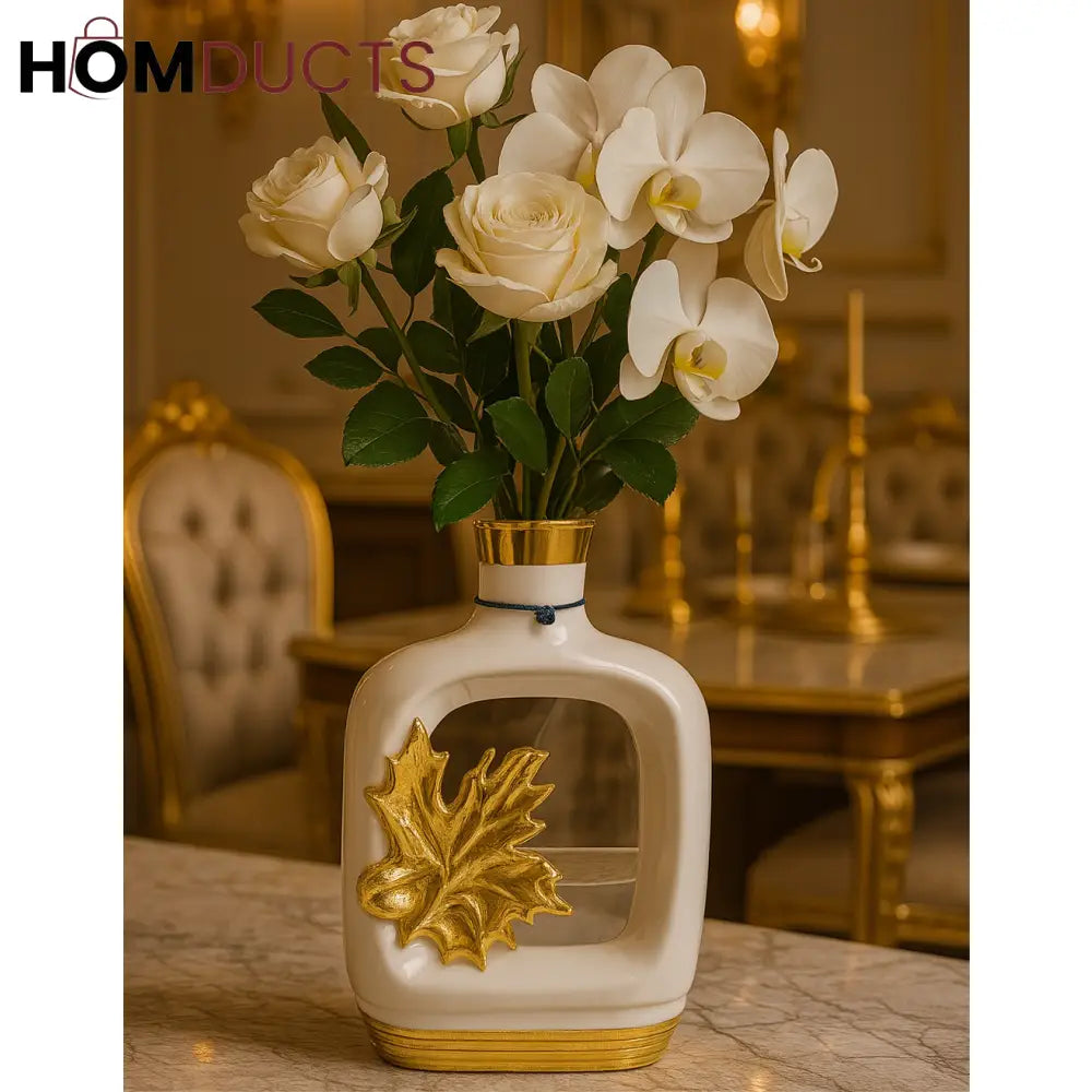 Luxe Maple Leaf Ceramic Vase – White & Gold Accent