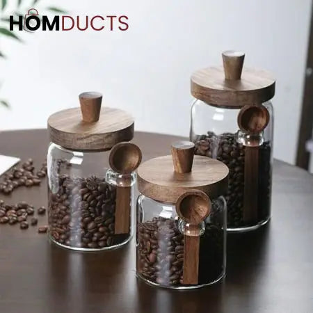 LuxeSeal Glass Jar with Wooden Lid & Spoon – Cinnamon Storage Canister (Small)
