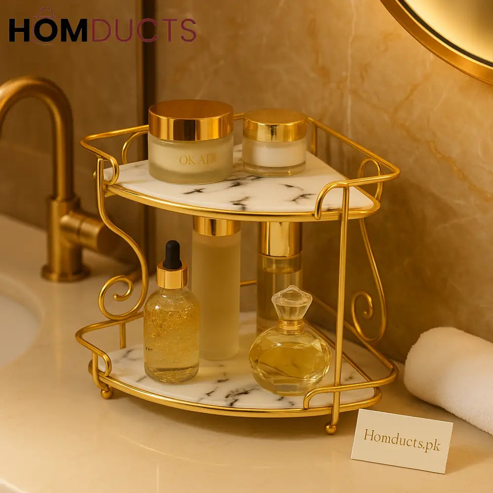 Luxury 2-Tier Marble Corner Shelf – Gold Metal Bathroom & Vanity Organizer Rack
