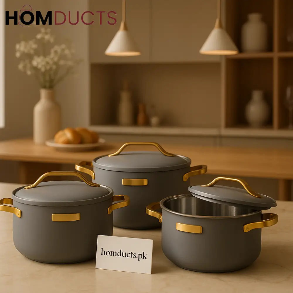 Luxury 3 Piece Hotpot Set – 1.5L 2.5L & 3.5L | Elegant Gray with Golden Handles