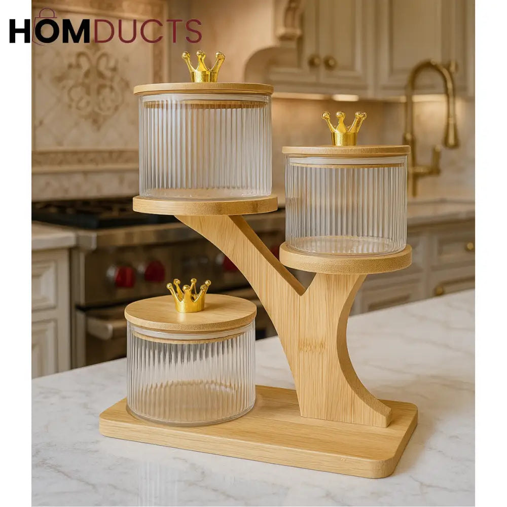 Luxury 3-Tier Glass Storage Jars with Bamboo Stand & Golden Crown Lids