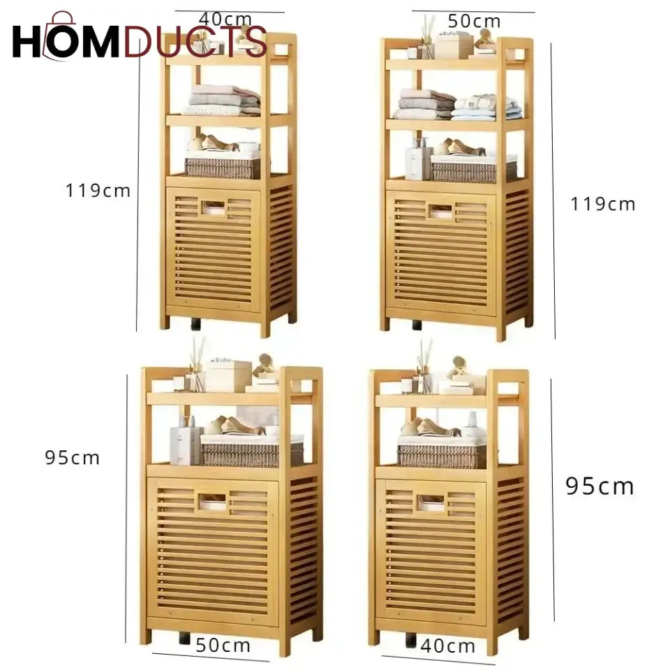 Luxury Bamboo Storage Shelf with Laundry Hamper & Open Shelves – Japandi Bathroom Organizer