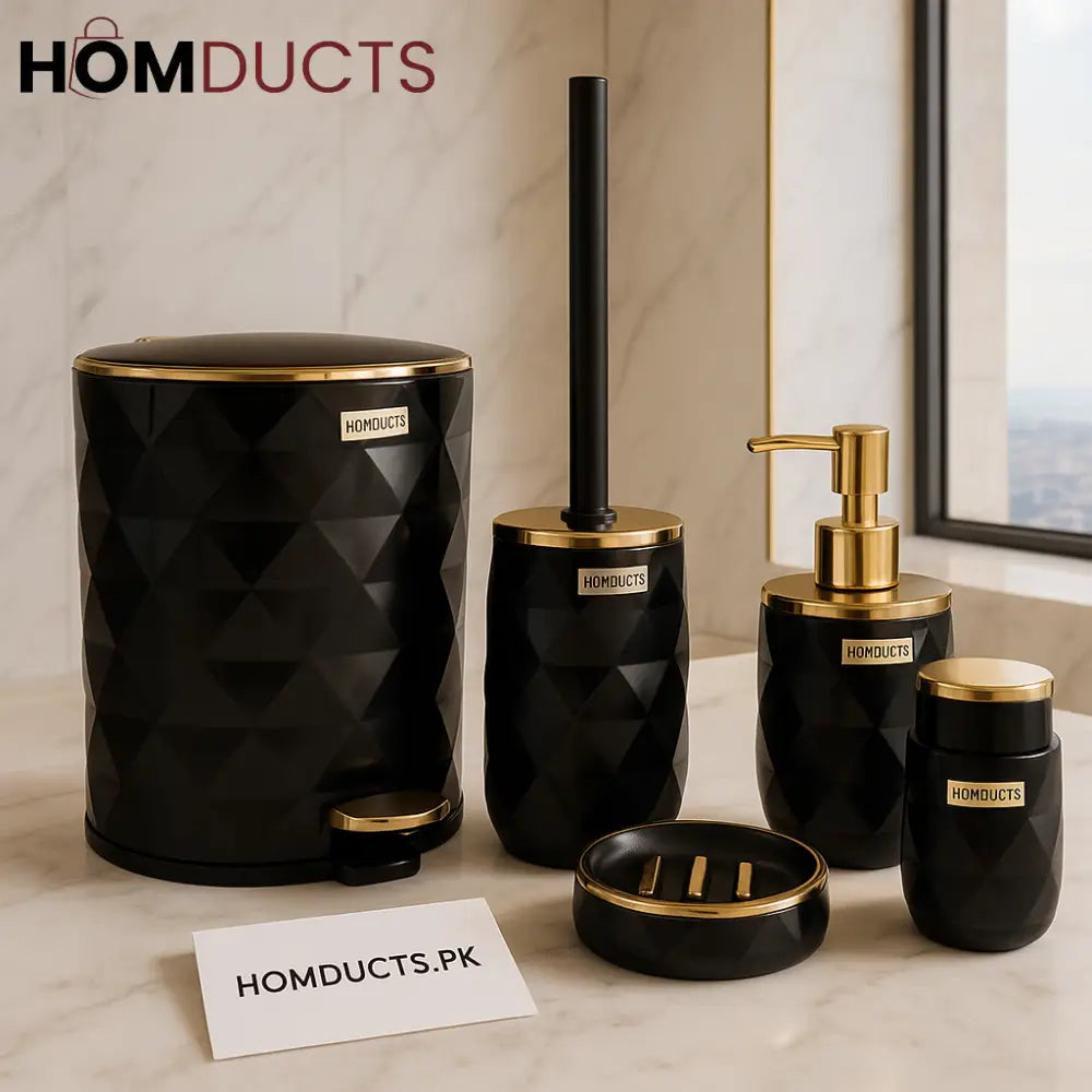 Luxury Black & Gold Diamond Bathroom Accessory Set – 5 Pieces