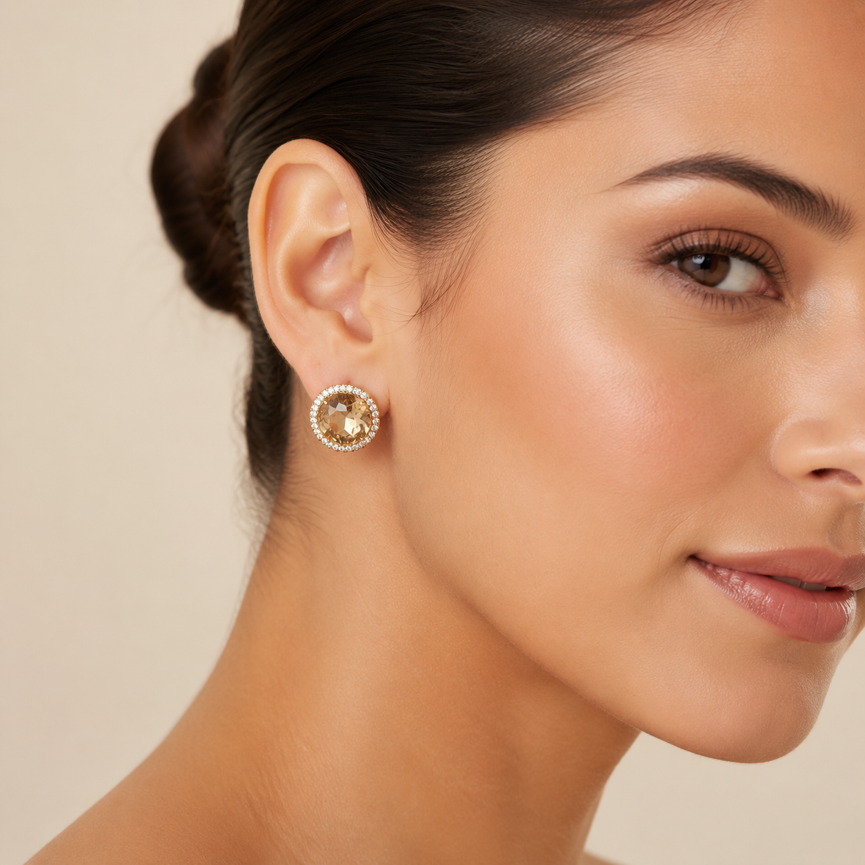 Luxury Champagne Round Crystal Halo Stud Earrings worn by a female model