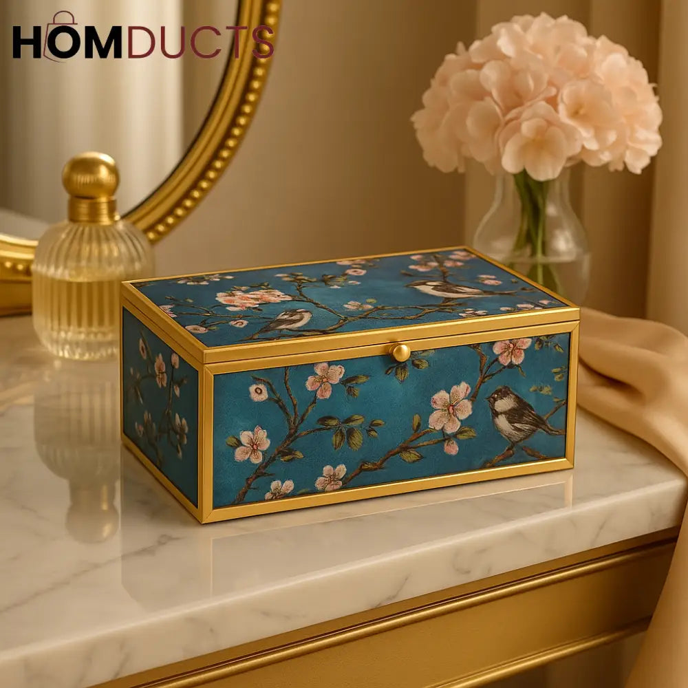 Luxury Floral Bird Jewelry Box – Blue Cherry Blossom Organizer with Golden Frame