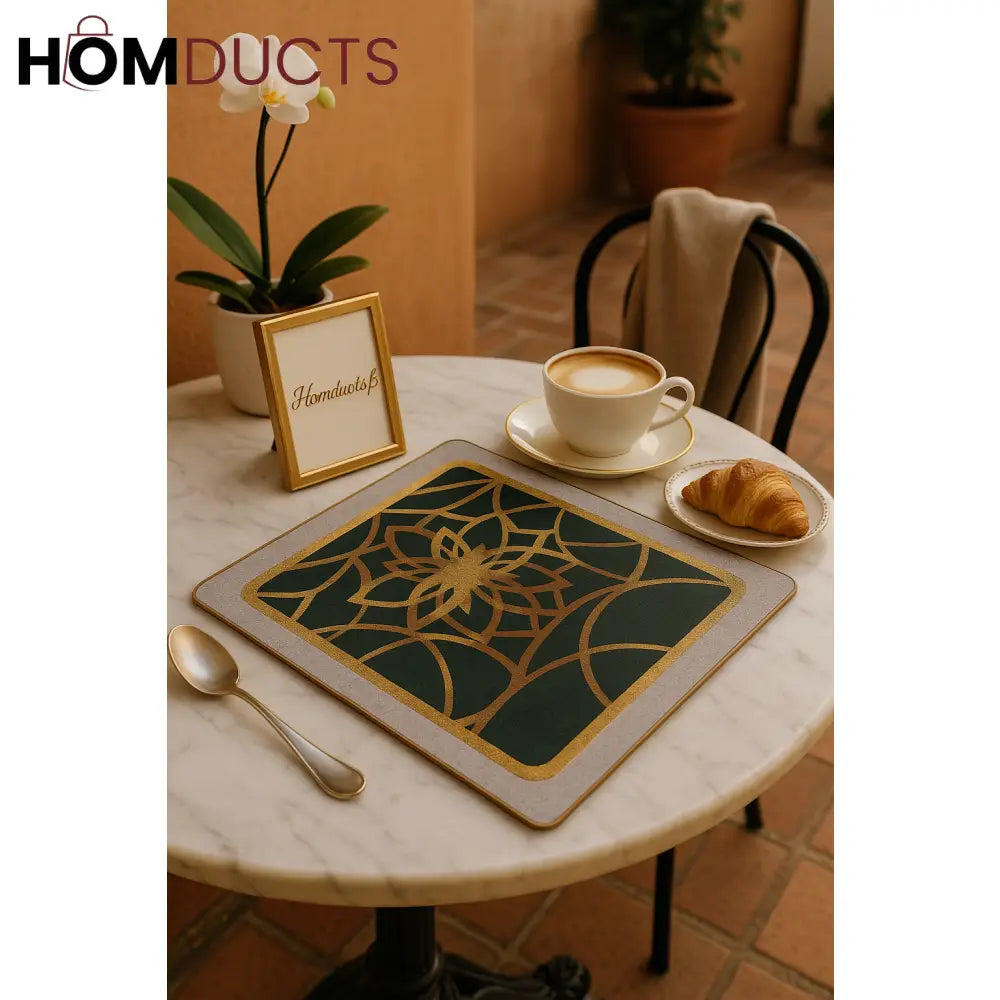 Luxury Geometric Gold-Accent Table Mat – Emerald & Grey Finish (2pcs)