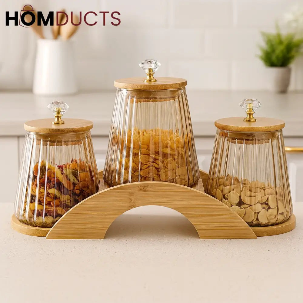 Luxury Glass Storage Jar Set with Wooden Stand – 3-Piece Airtight Canister Set
