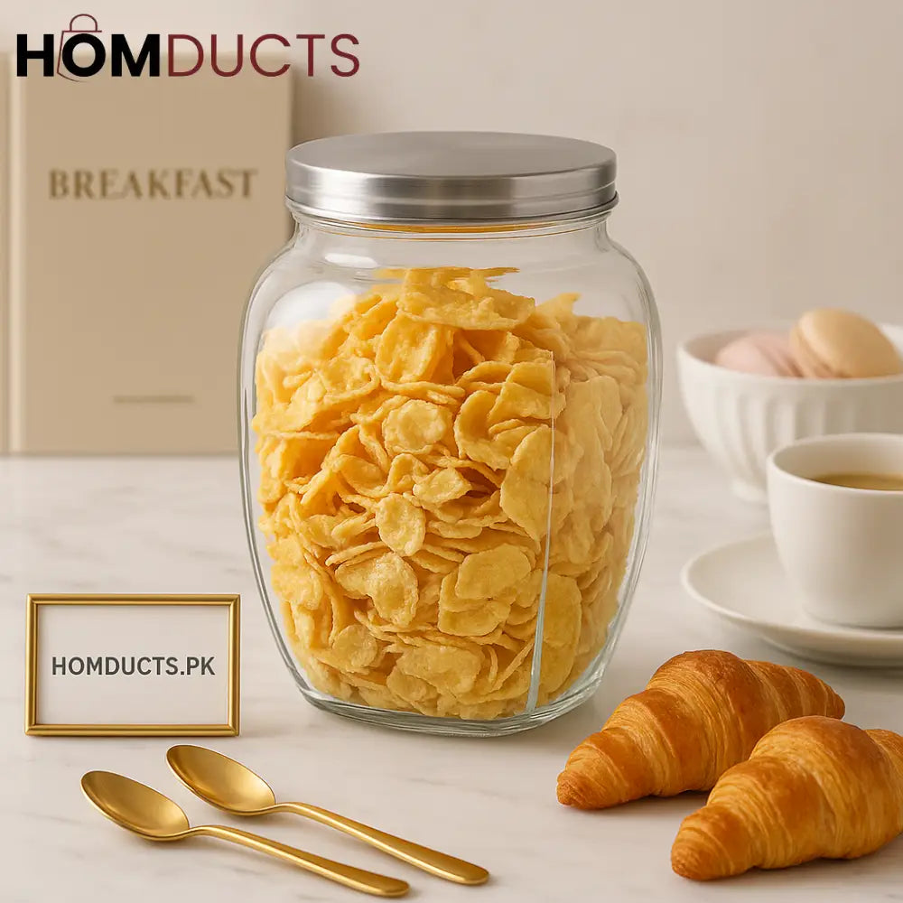Luxury Glass Storage Jar with Silver Lid – Airtight Container for Snacks Cereals & Dry Foods