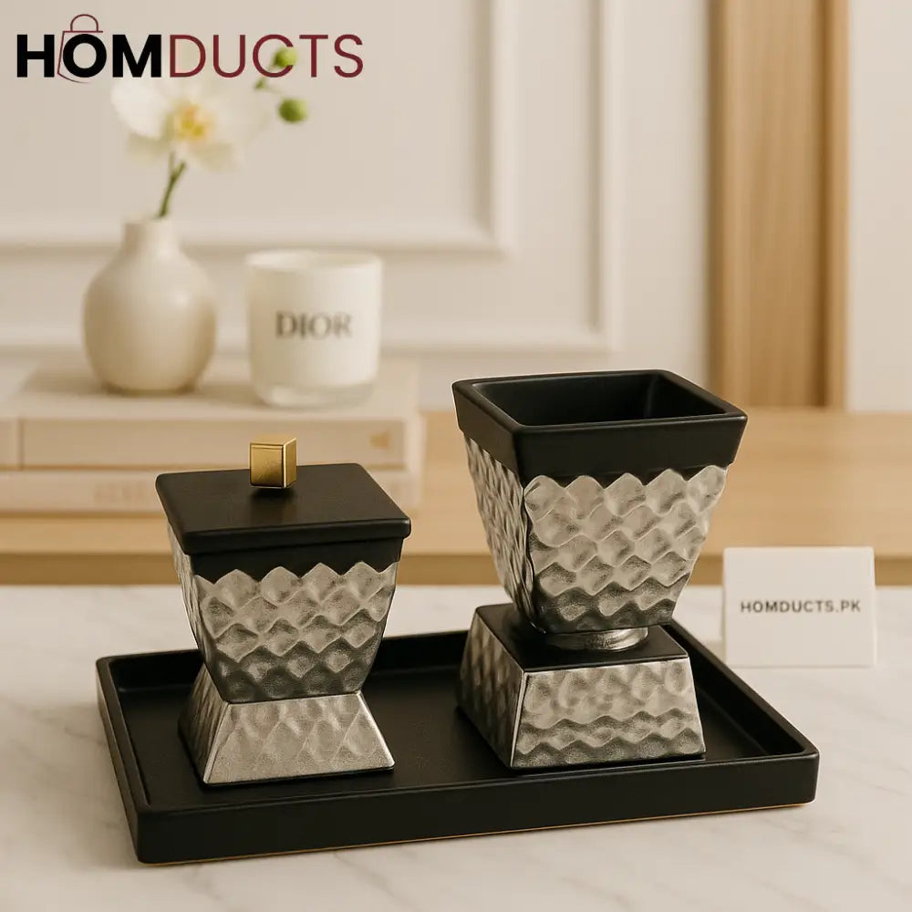 Luxury Hammered Silver Incense Burner Set with Black Tray & Lid
