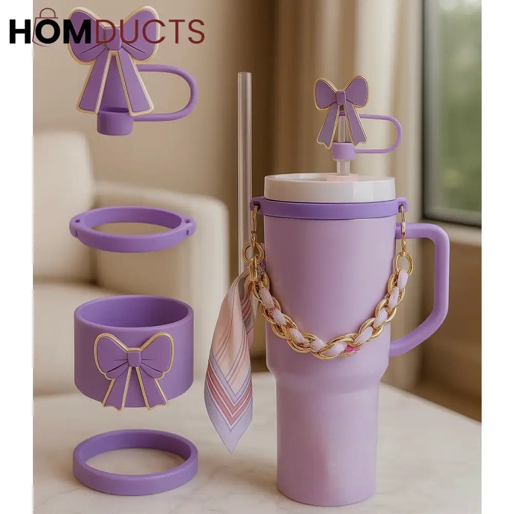 Luxury Lavender Tumbler Accessory Set – Bow Charm Chain Strap & Scarf Decor