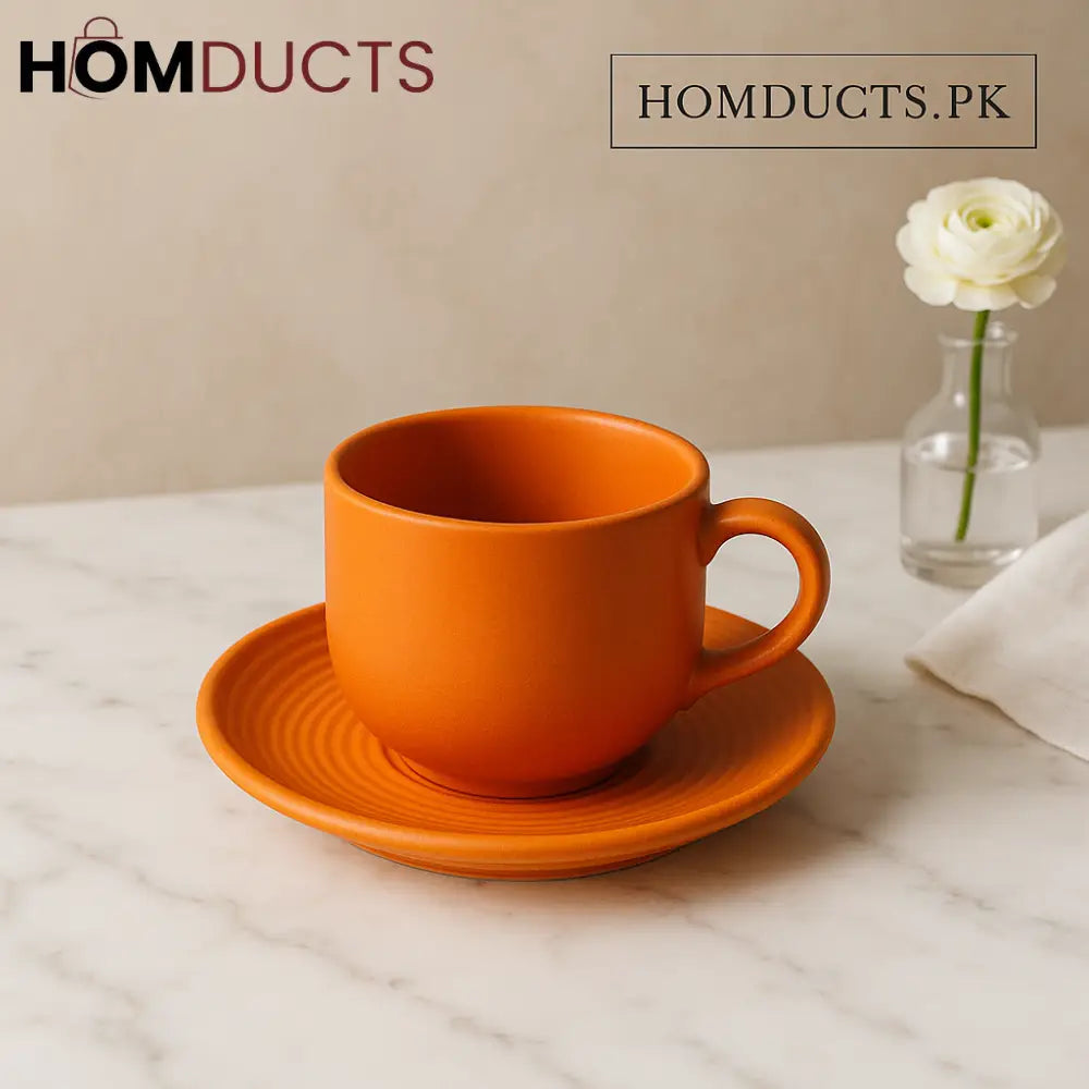 Luxury Orange Ceramic Coffee Cup with Saucer 6pcs Set