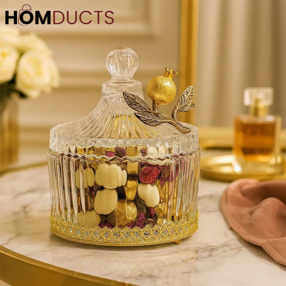 Luxury Ribbed Glass Jar with Gold Pomegranate Lid – Decorative Candy & Jewelry Storage Box