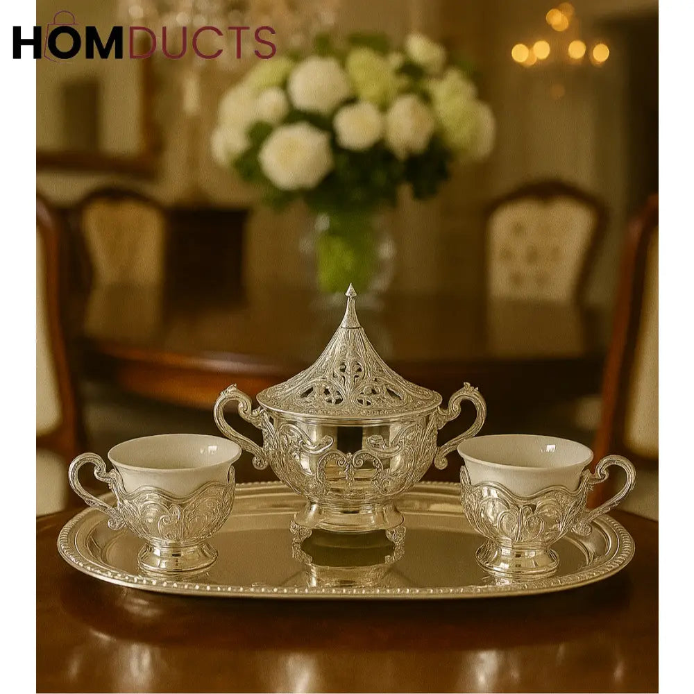 Luxury Silver Tea Set with Tray – Classic Royal Design for Elegant Serving