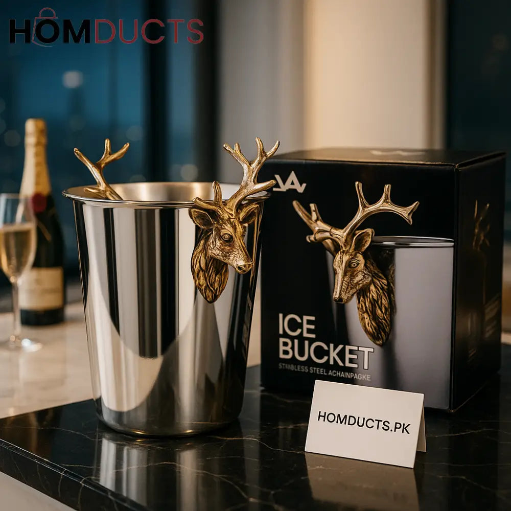 Luxury Stainless Steel Ice Bucket with Golden Markhor Handles