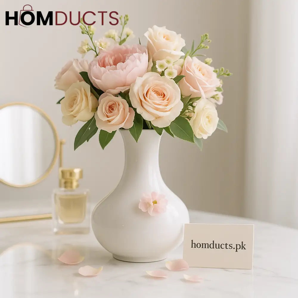 Luxury White Ceramic Vase with Pastel Floral Arrangement – Elegant Home & Vanity Décor