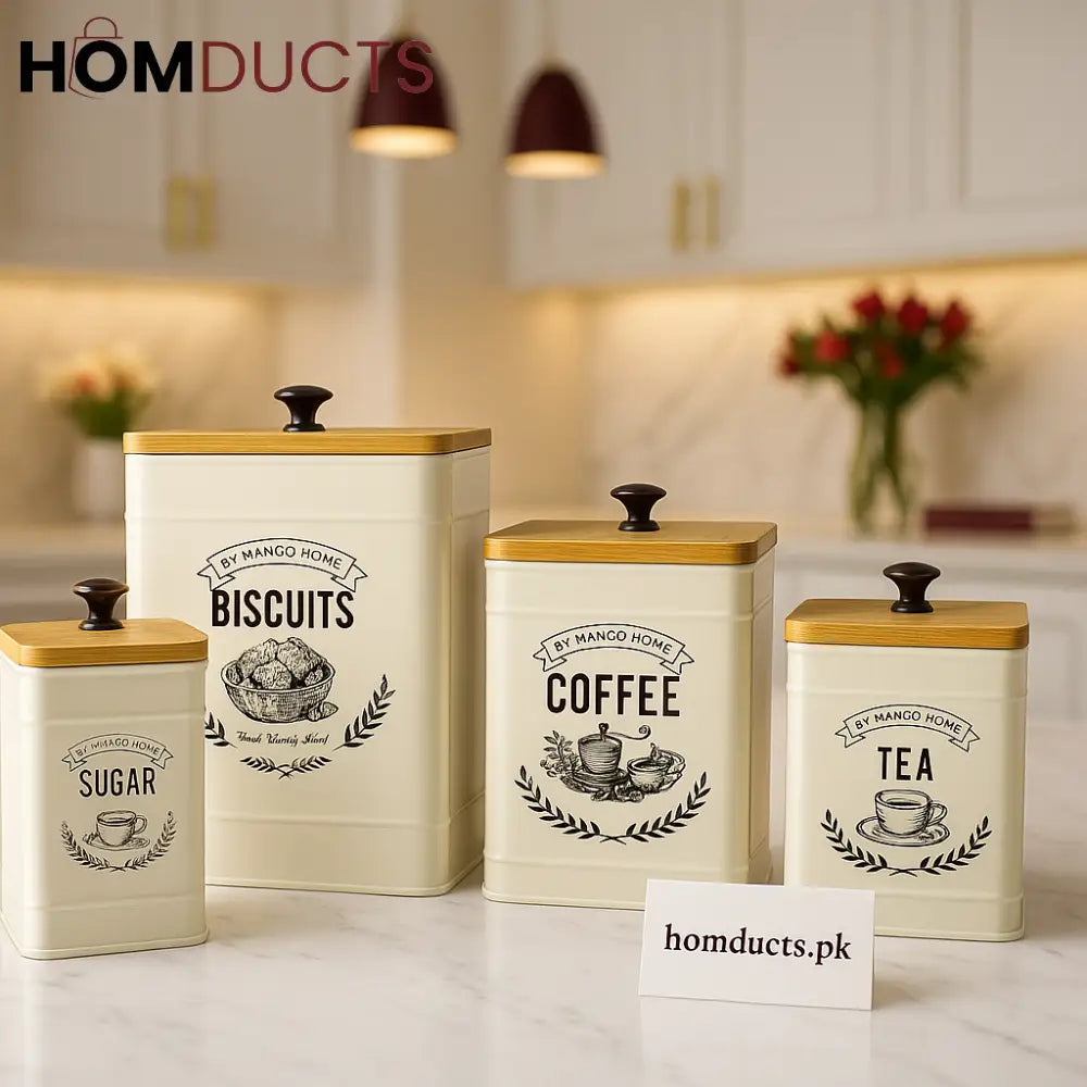Luxury White Marble Kitchen Canister Set – Sugar Biscuits Coffee & Tea Storage with Bamboo Lids