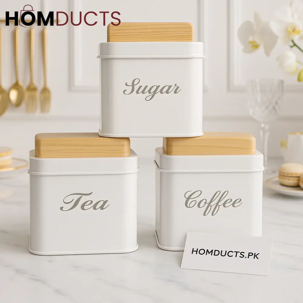 Luxury White Tea Coffee & Sugar Canister Set with Wooden Lids