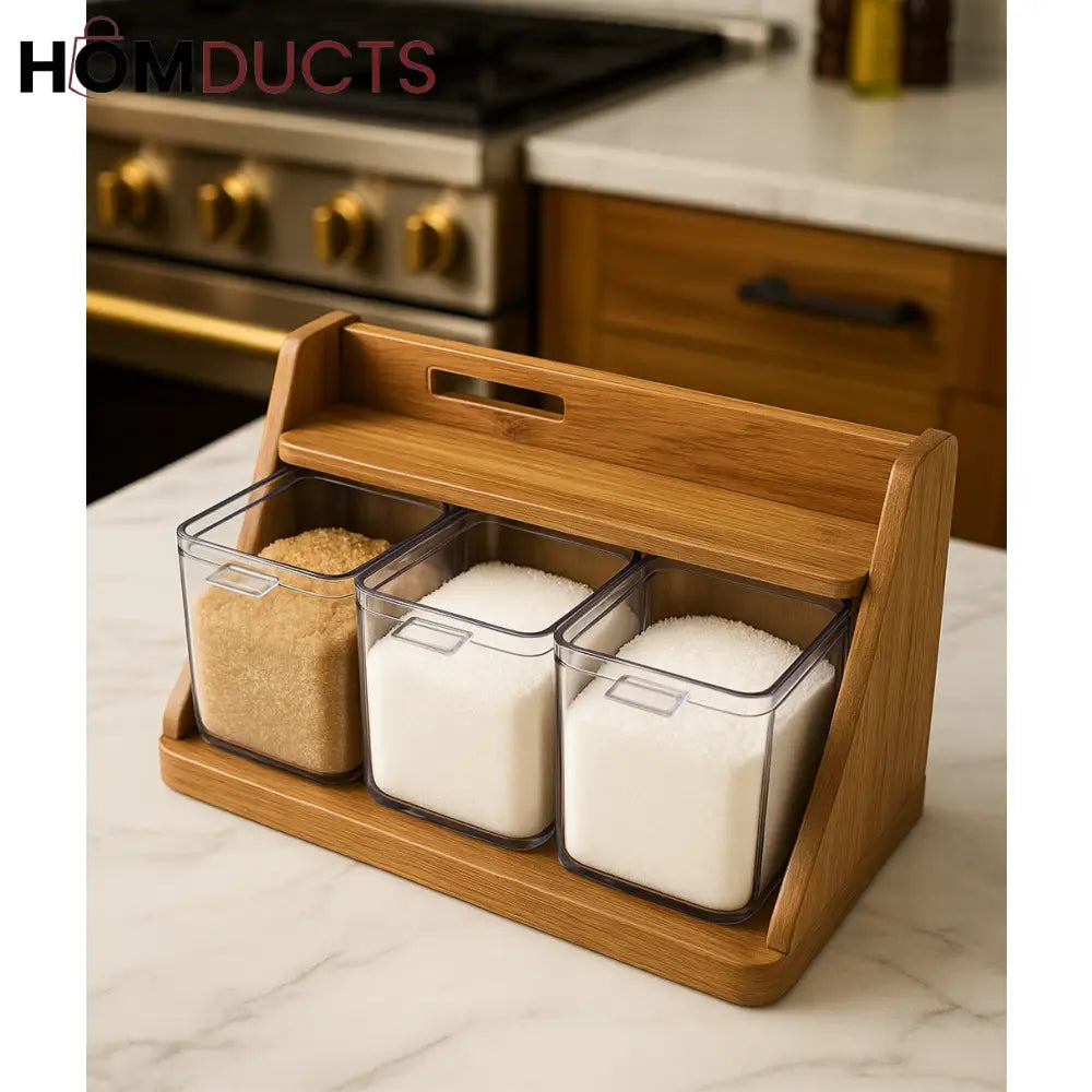 Luxury Wooden Spice & Sugar Organizer – 3 Container Set