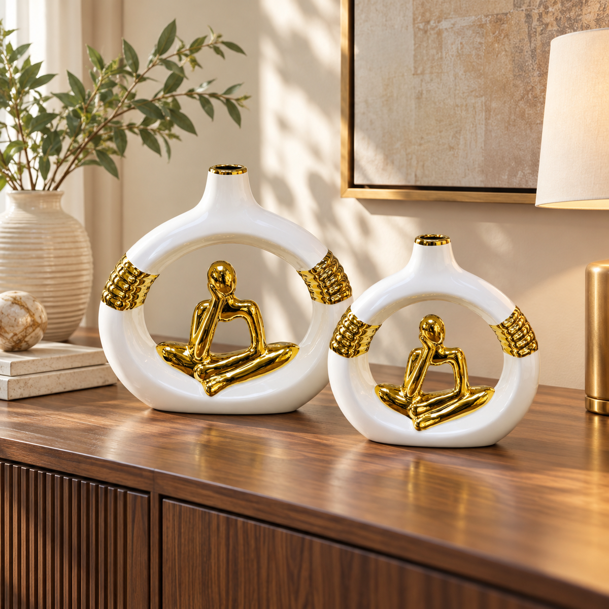 Two piece meditating figure white and gold ceramic vase set