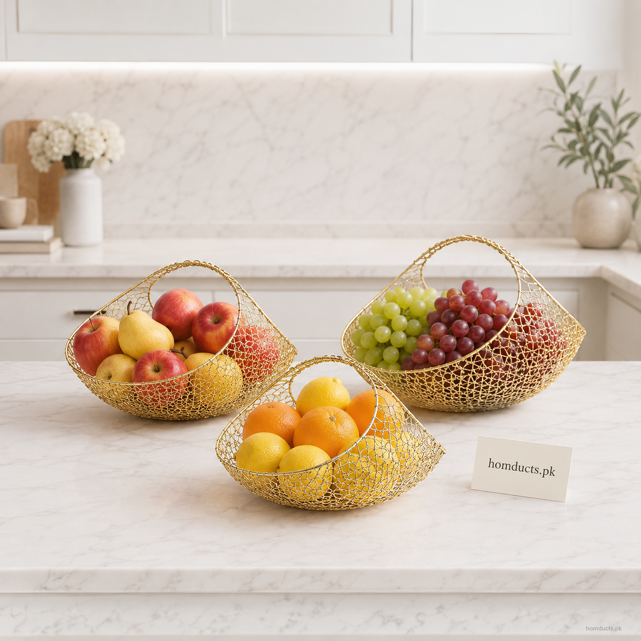 Golden Geometric Handled Fruit Basket Set - 3 Piece