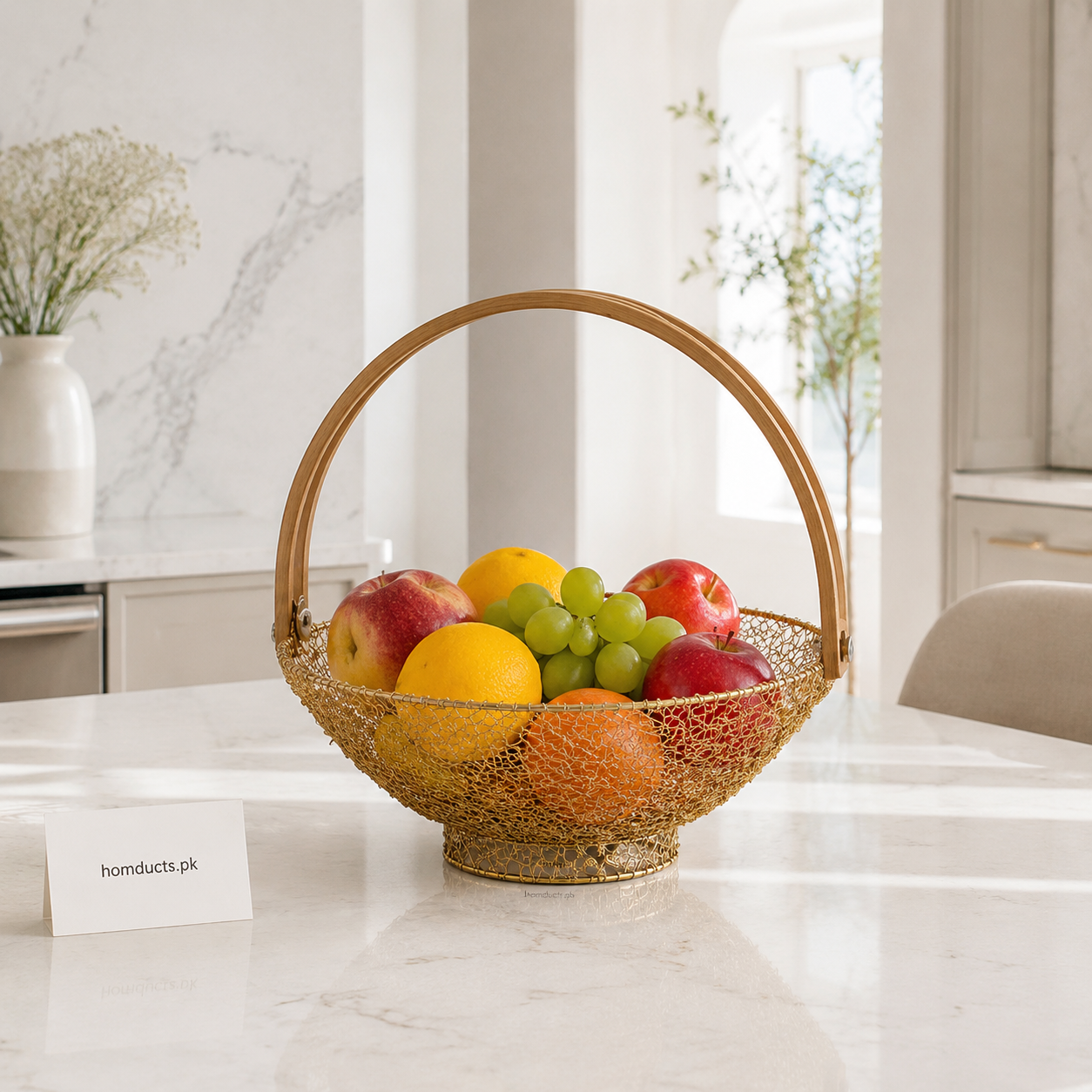 Golden Oval Metal Fruit Basket with Wooden Handle - 1 Piece