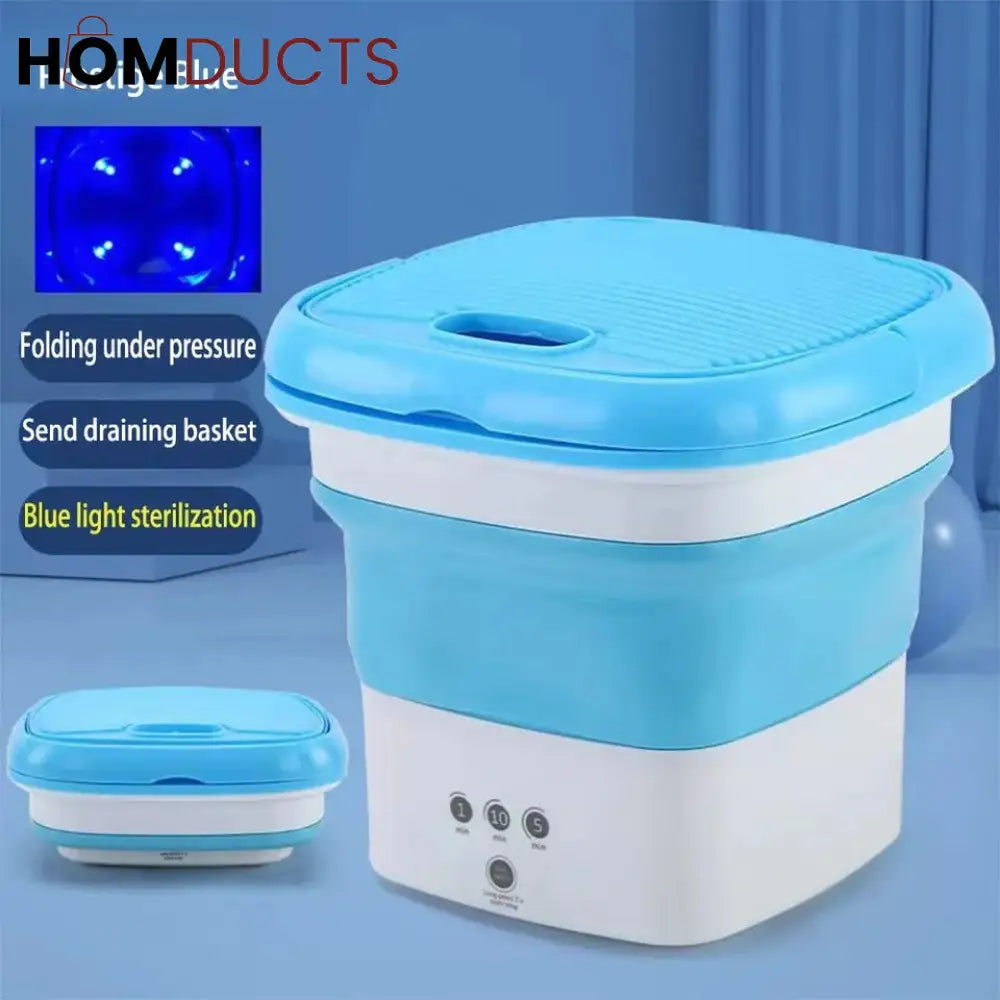 Blue folding washing machine shown expanded and collapsed in a feature collage