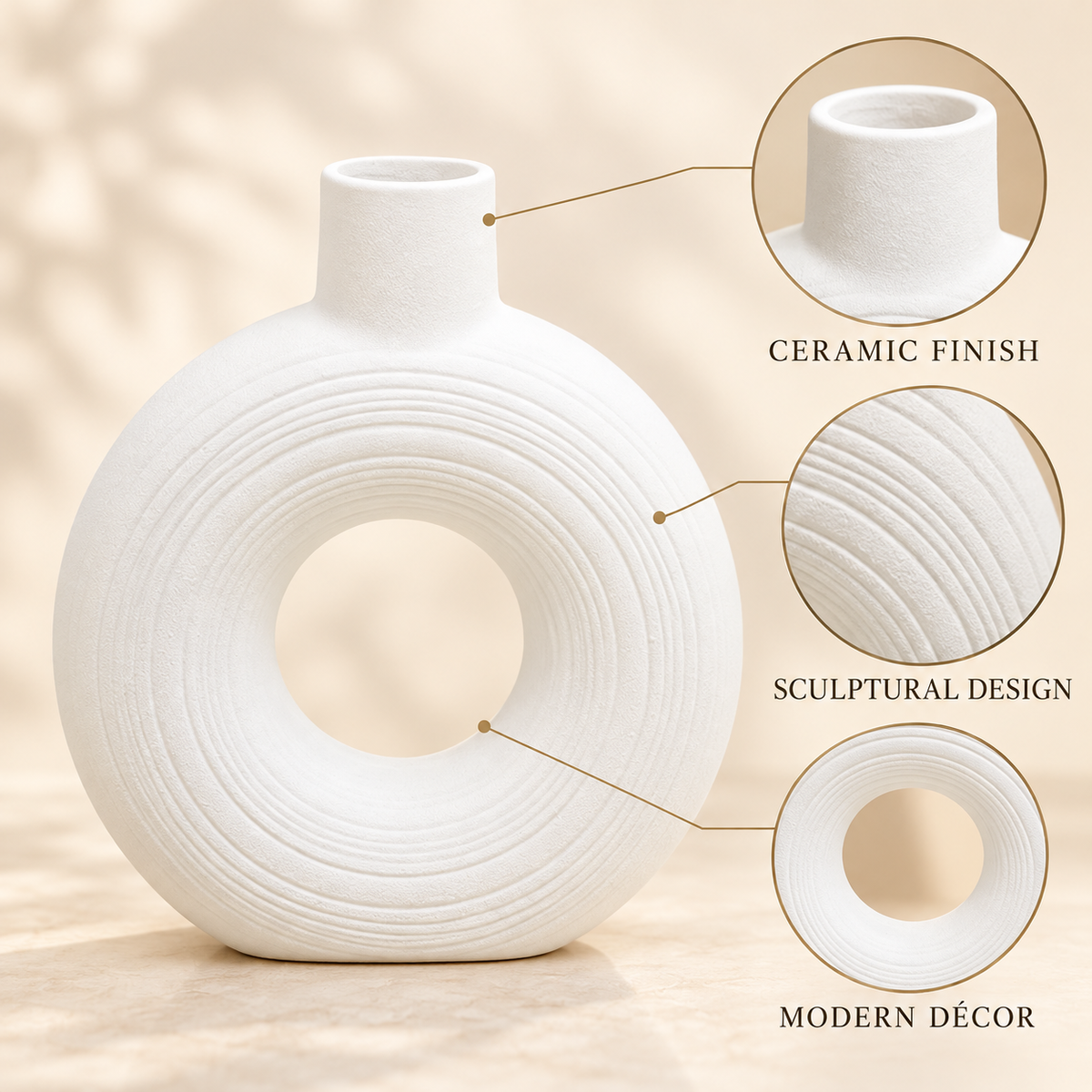 White Concentric-Ring Ceramic Vase – 9 Inch product features