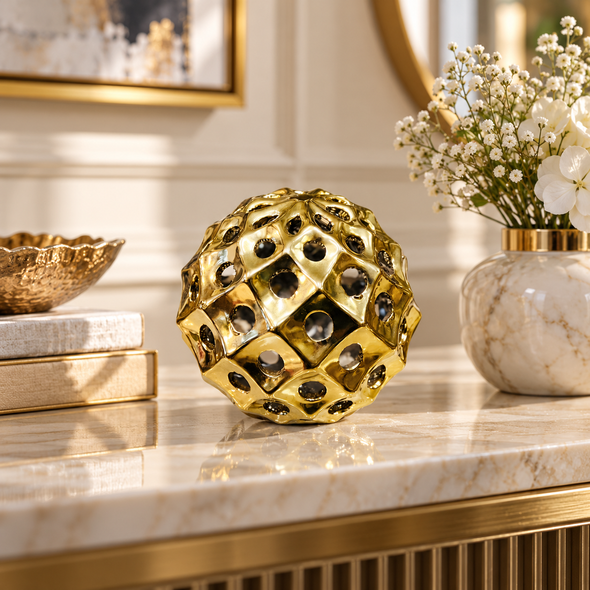 Gold Cutout Ceramic Decorative Ball Showpiece styled in a premium home setting