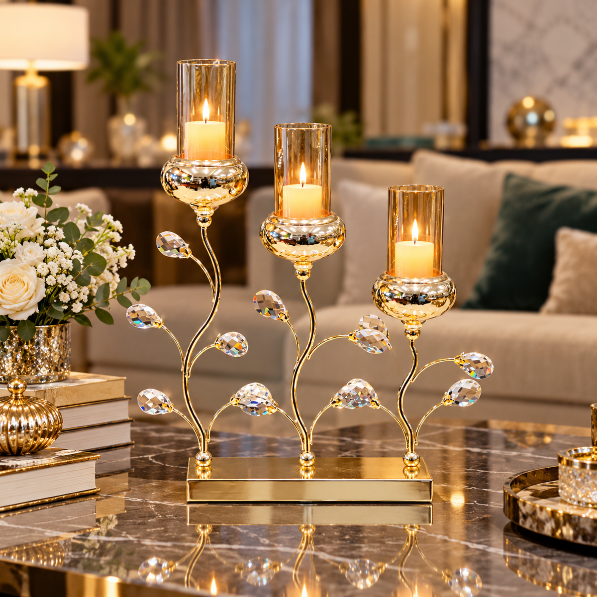 Crystal Leaf Branch Metal Candle Holder Centerpiece styled in a premium home setting