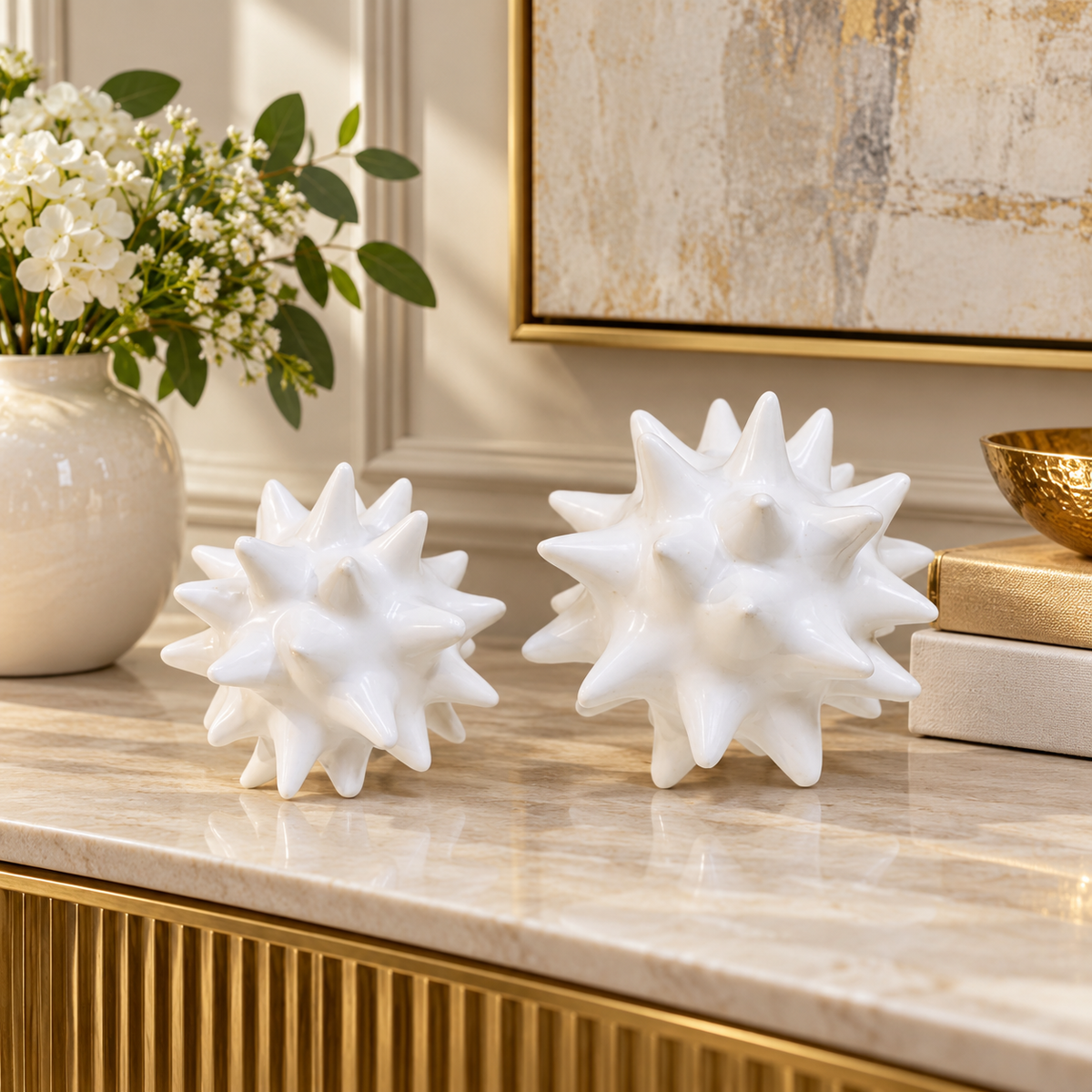 White Spiked Ceramic Corona Ball Showpiece – Big or Small styled in a premium home setting