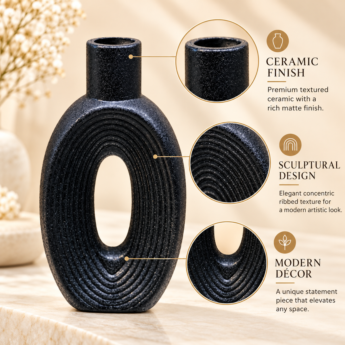 Black Ribbed Oval Open-Centre Ceramic Vase – 10 Inch features image