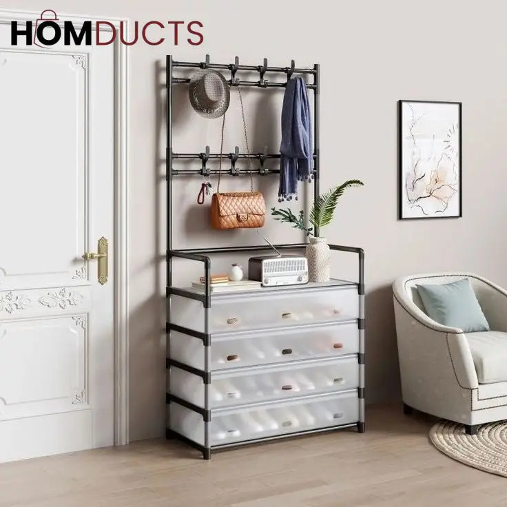 Modern Entryway Dustproof Shoes and Coat Rack with Hooks