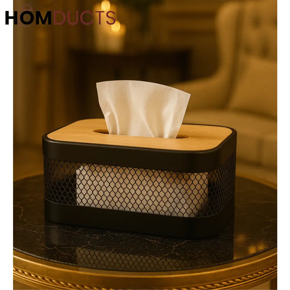 Modern Mesh Tissue Box – Black Metal & Bamboo Cover Dispenser