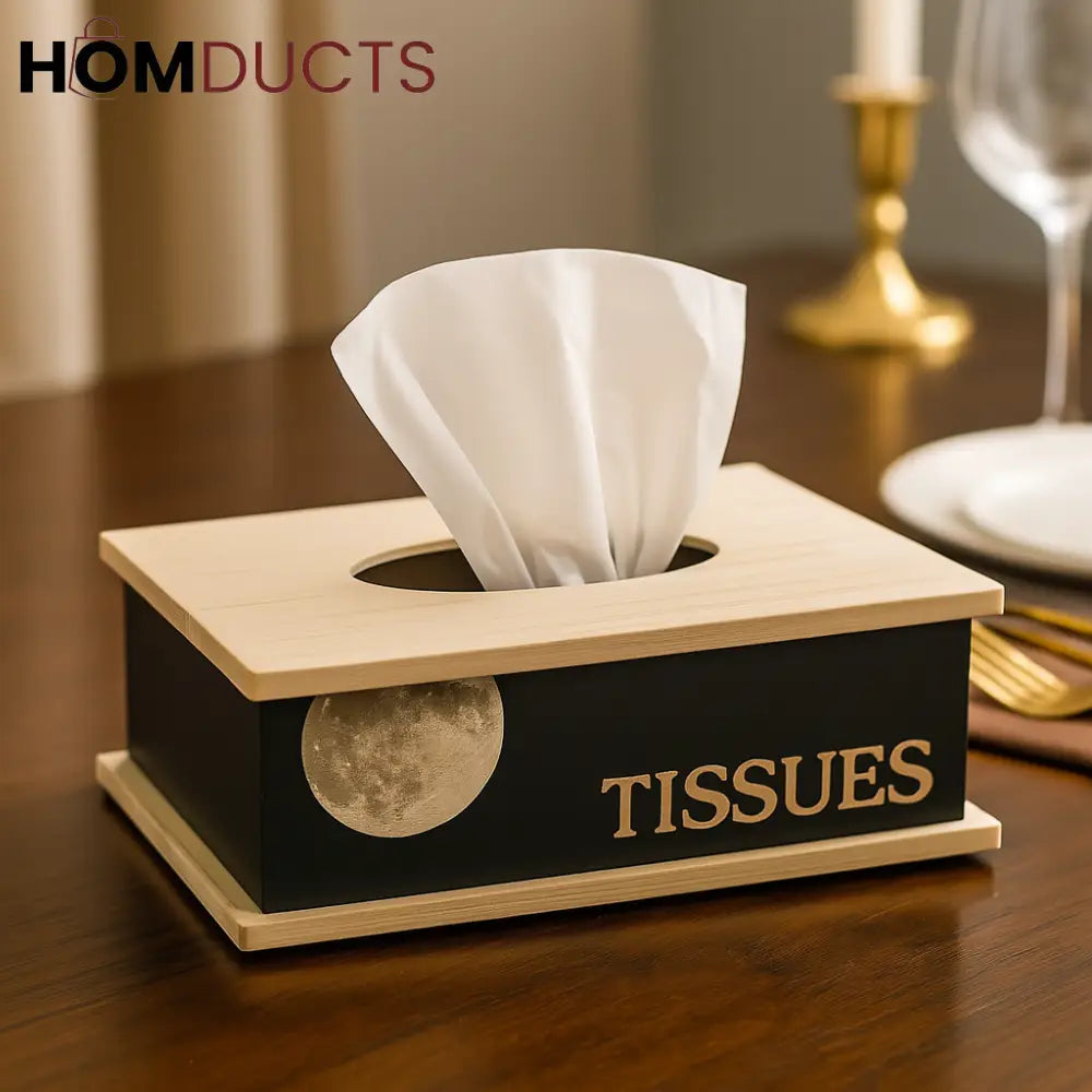 Modern Wooden Tissue Box with Moon & TISSUES Engraving