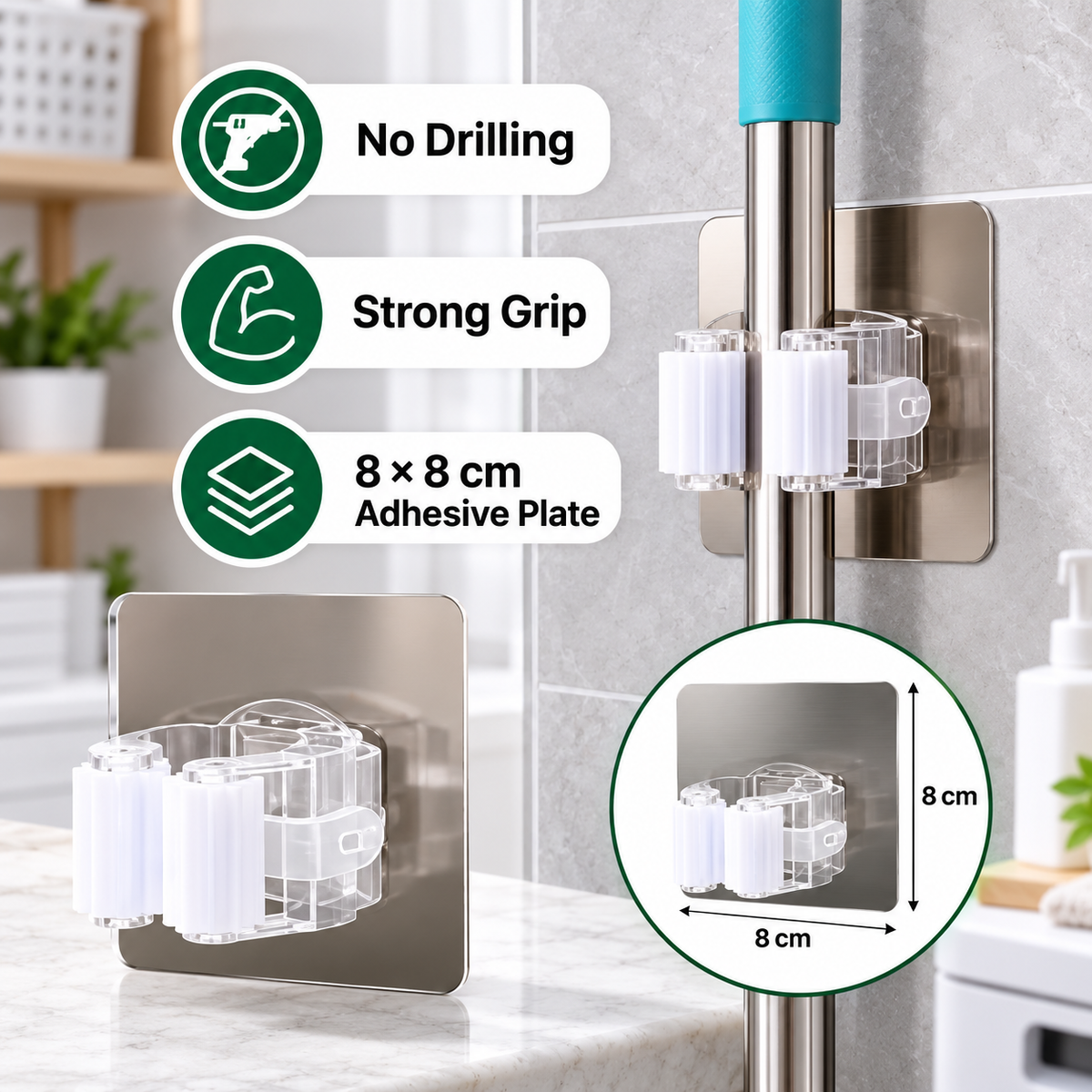 Self adhesive mop holder installation and grip features