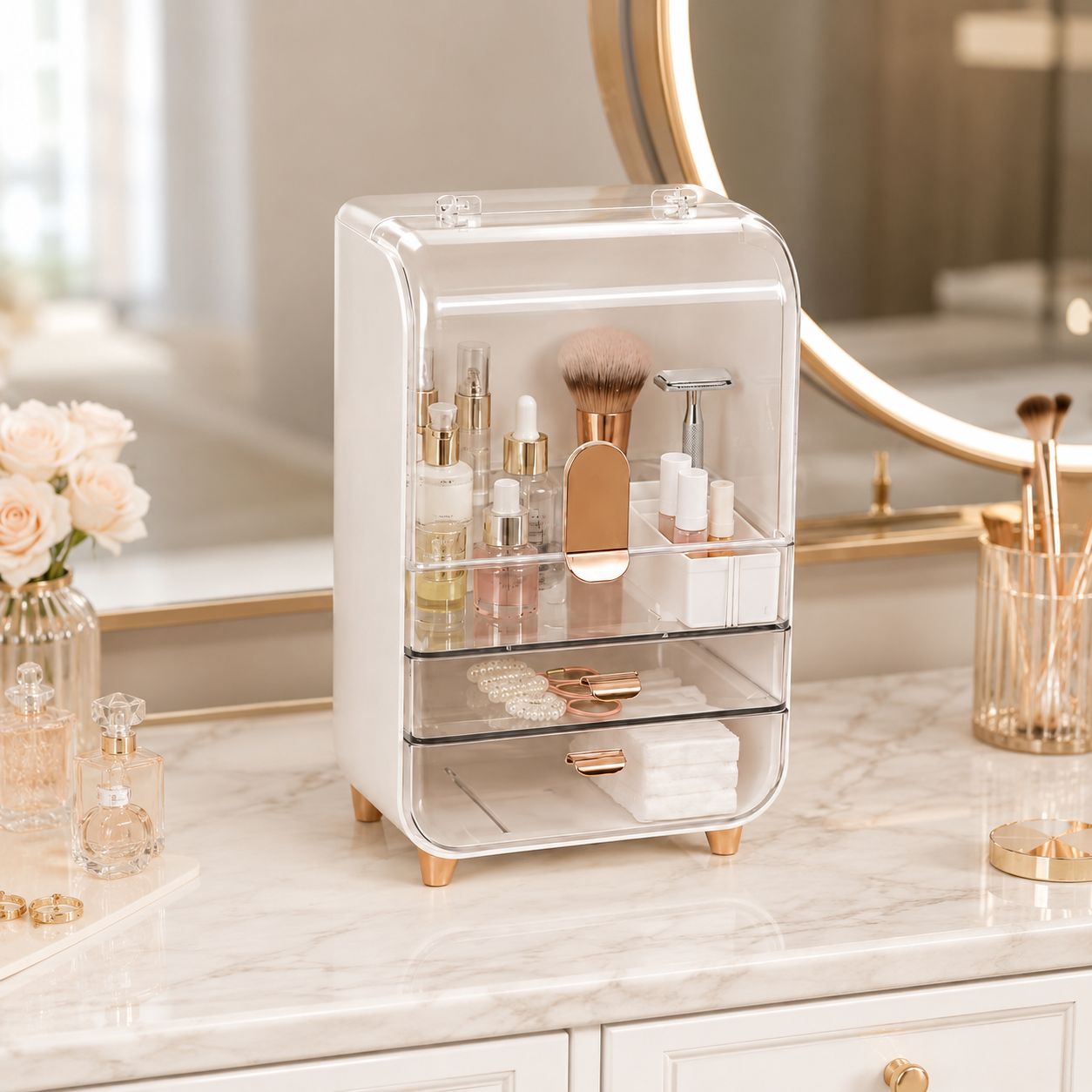 Luxury Multi-Layer Makeup Organizer – Covered Vanity Storage with Drawers