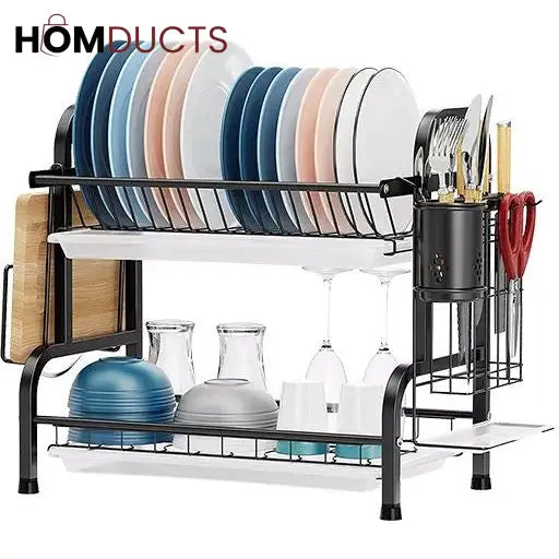 Two-tier dish drain rack showing upper plate slots and lower storage shelf