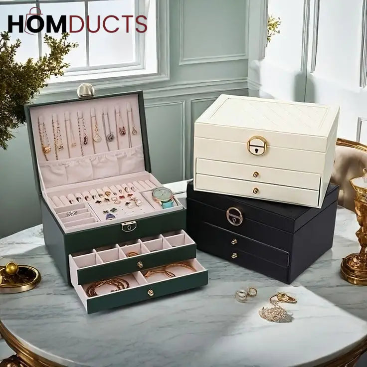 Jewellery boxes styled together with one open for display