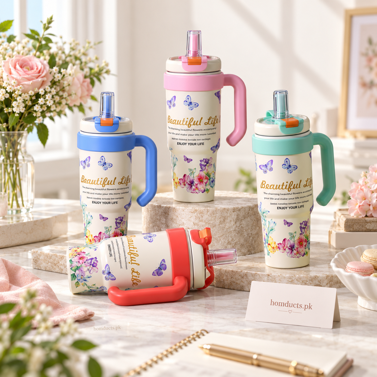 1000ml floral vacuum tumbler with handle and straw