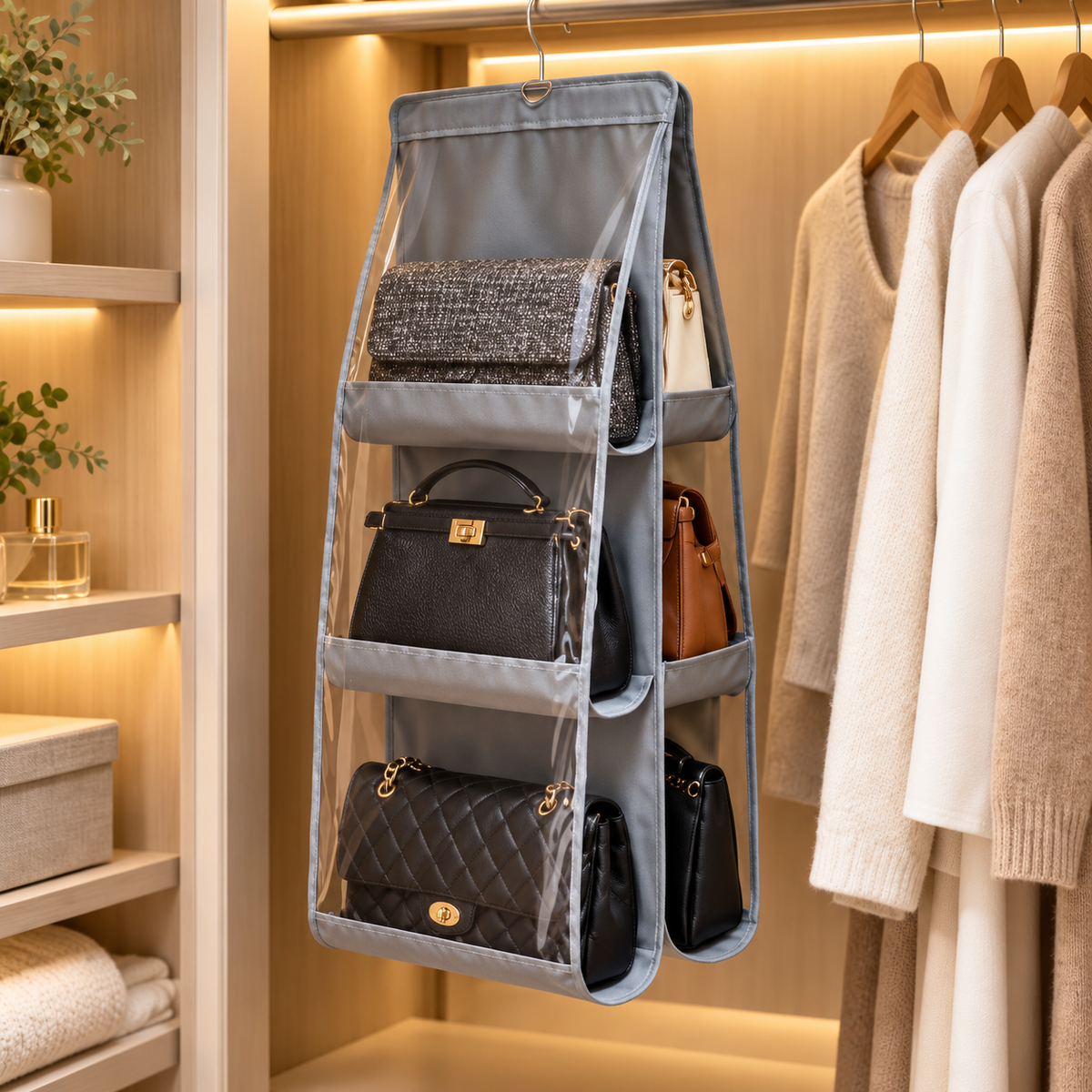 Three-tier hanging handbag organizer with clear pockets