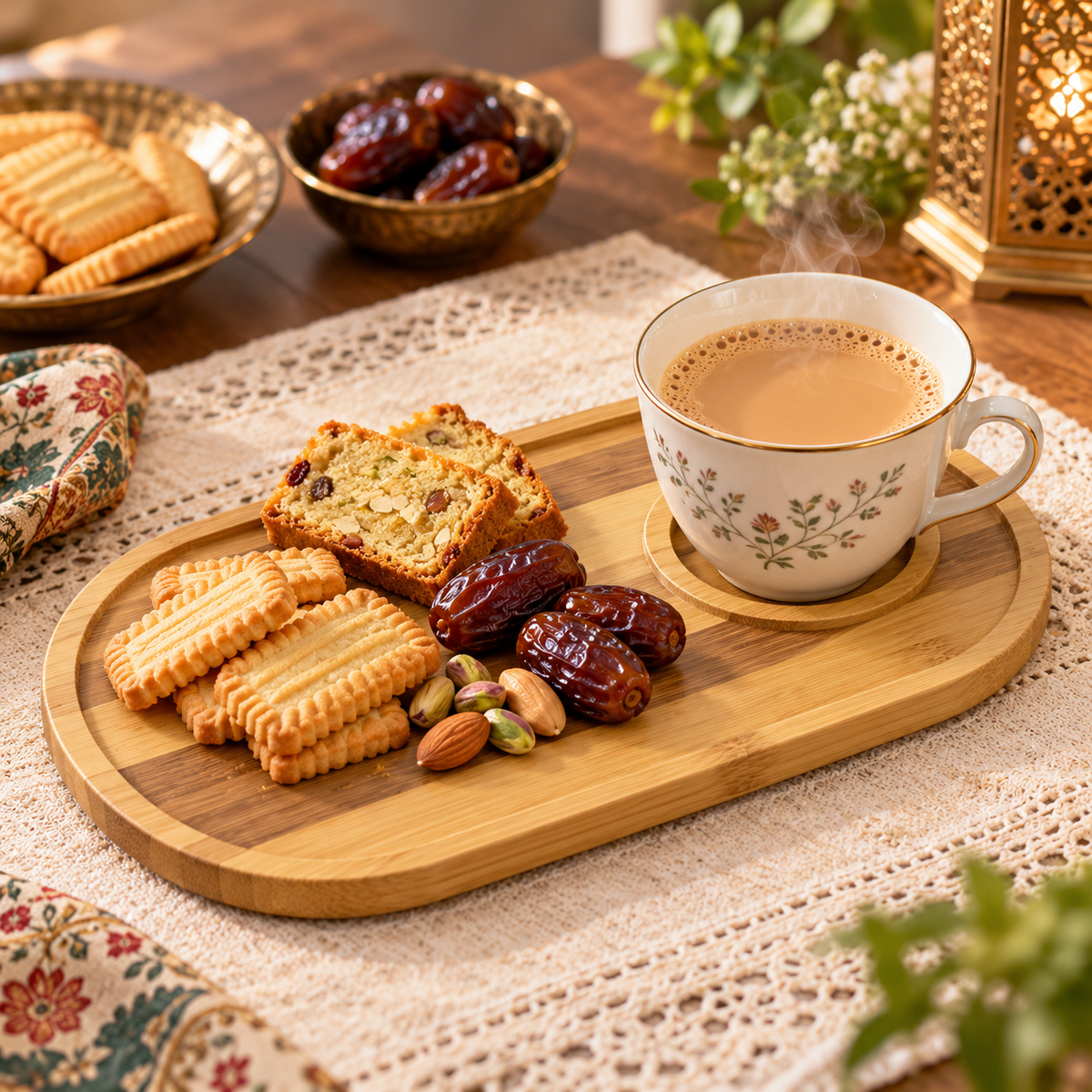 Oblong bamboo serving board with cup holder for chai and biscuits