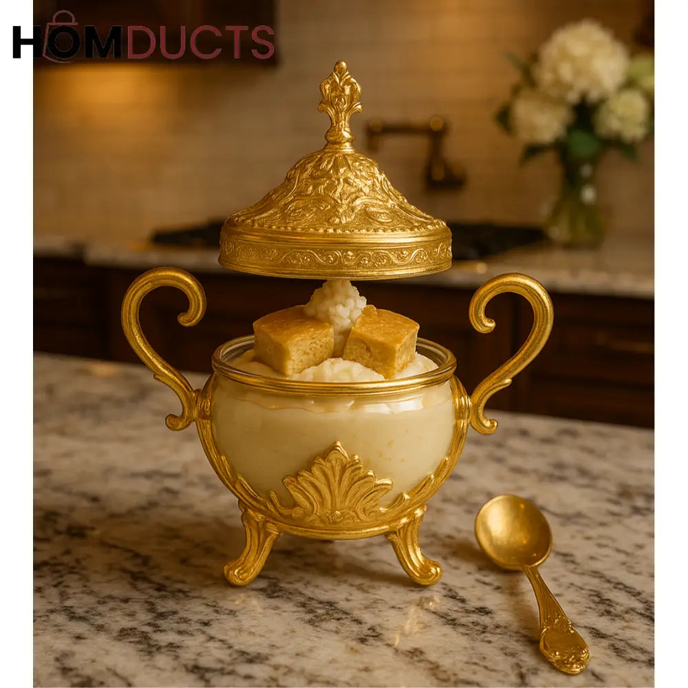 Ornate Gold Glass Dessert & Sugar Jar with Lid – Luxury Serving Bowl