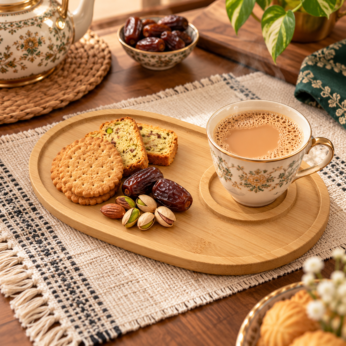 Oval bamboo serving board with cup holder for chai and snacks
