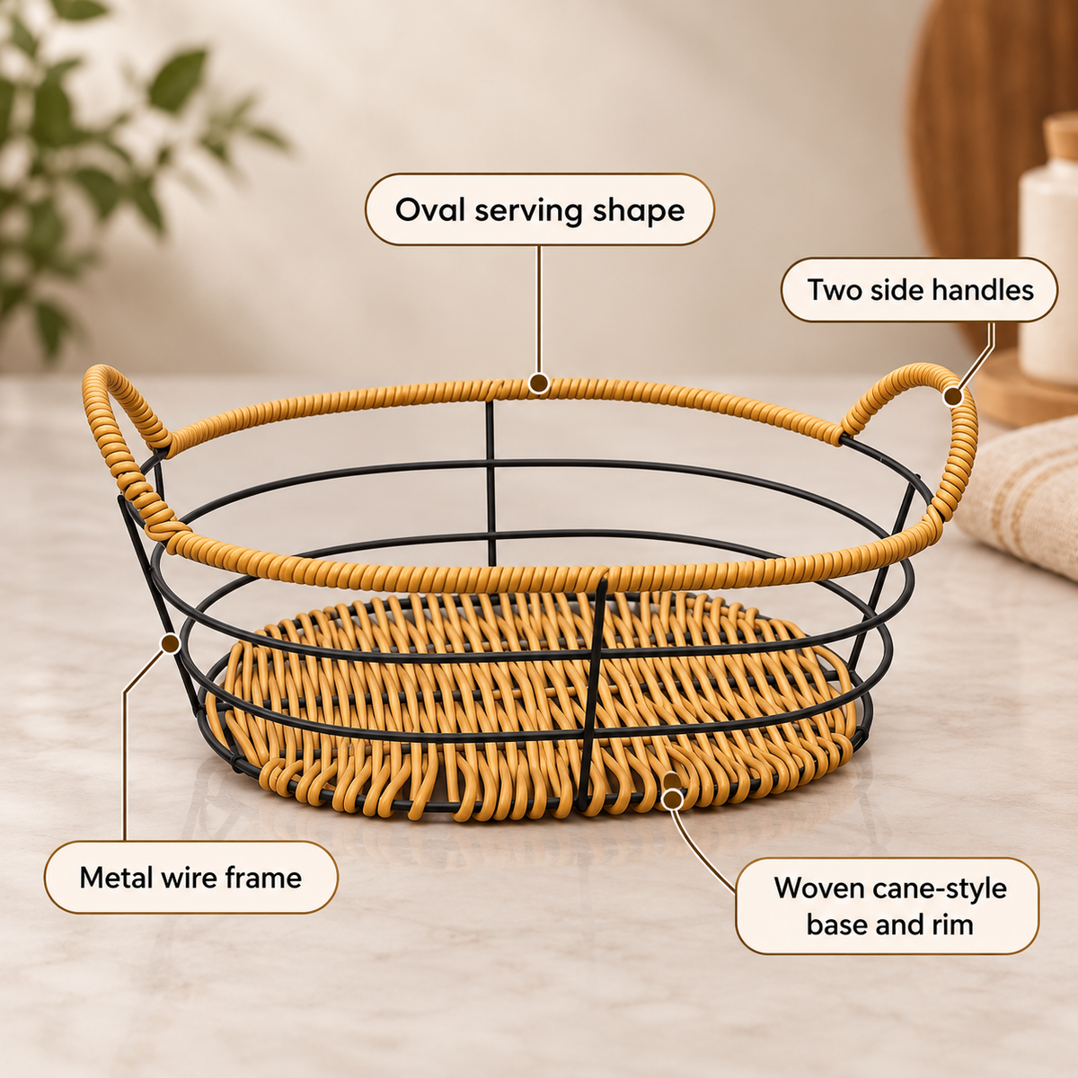 Oval Cane-Style Roti Serving Basket feature infographic
