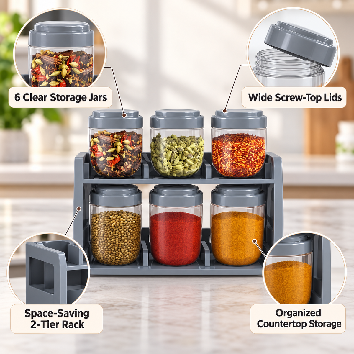 6-Piece Double-Tier Spice Jar Organizer Set with Rack feature details