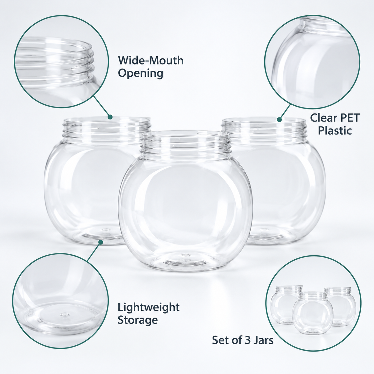 3-Piece Clear PET Plastic Multipurpose Storage Jar Set feature details