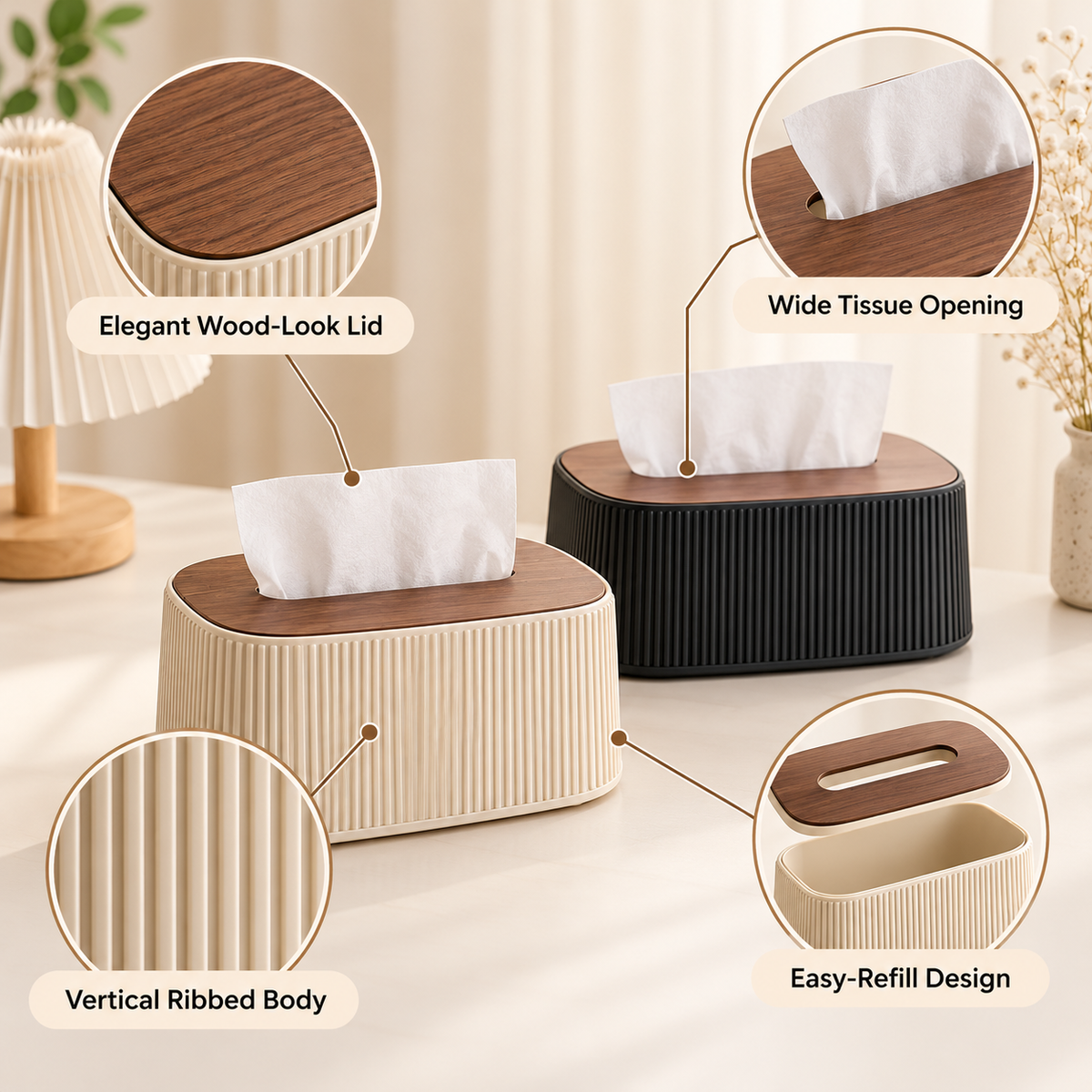 Minimalist Ribbed Tissue Box with Wood-Look Lid feature details
