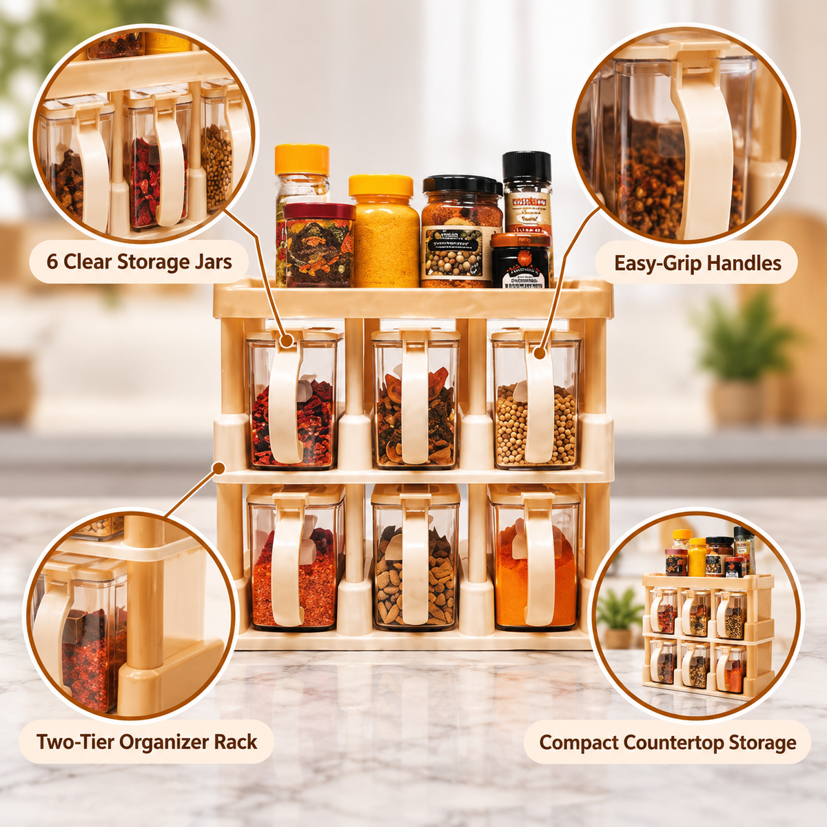 6-Piece Master Chef Spice Jar Organizer Set with Rack feature details